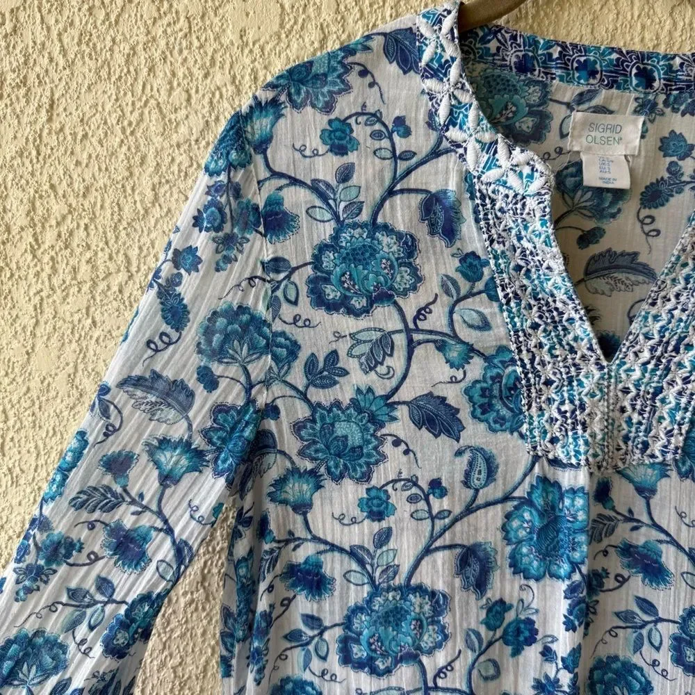 Sigrid Olsen Blue Floral embroidered Tunic Top Crinkle Cotton Boho Sz Small